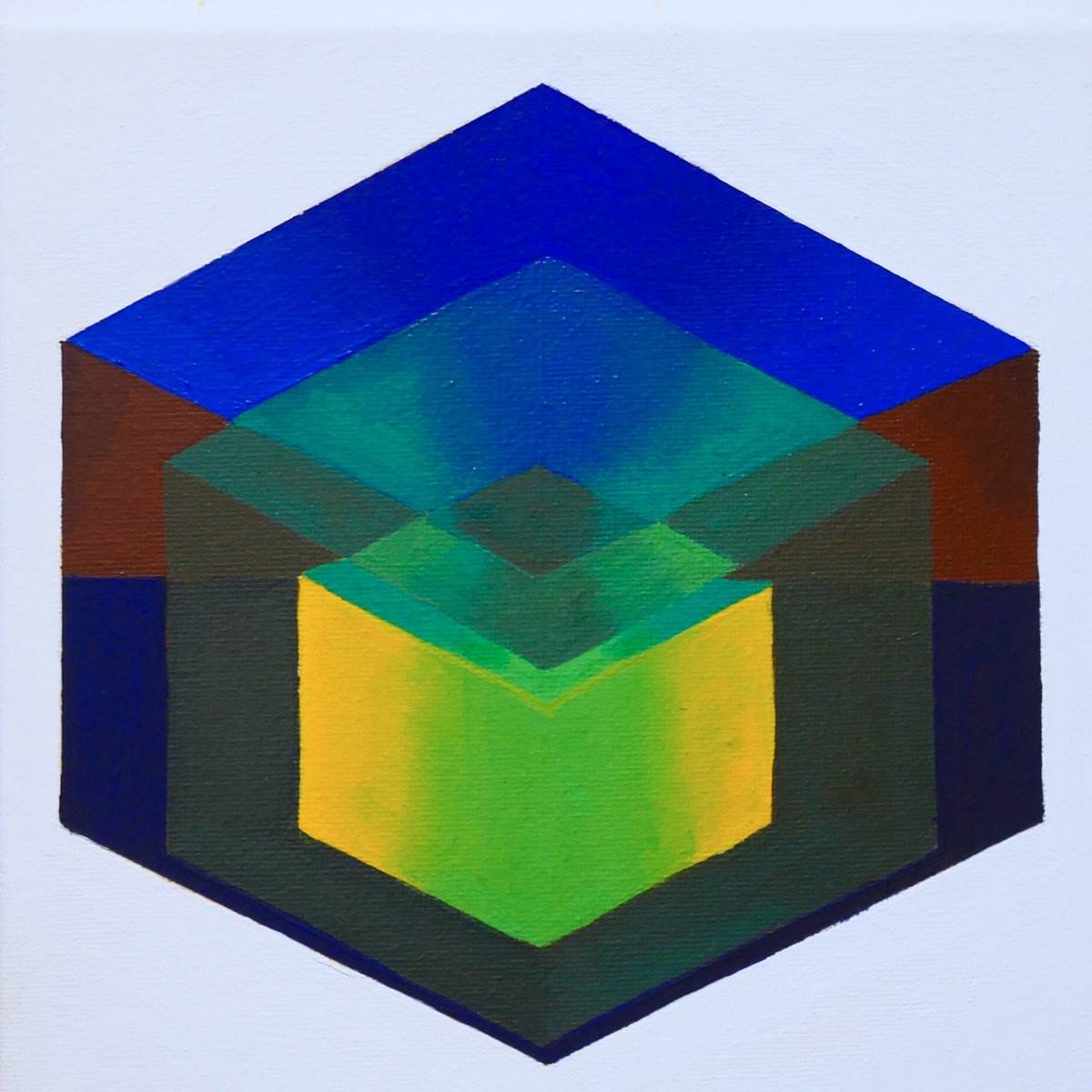 Geometric Cityscapes Acrylic Painting By Jessica Moritz, 8 X 8, Blue Corner Cube, Original Artwork