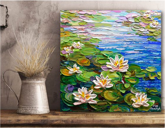 Water Lilies Pond II - Impasto Floral Art, Palette Knife Painting