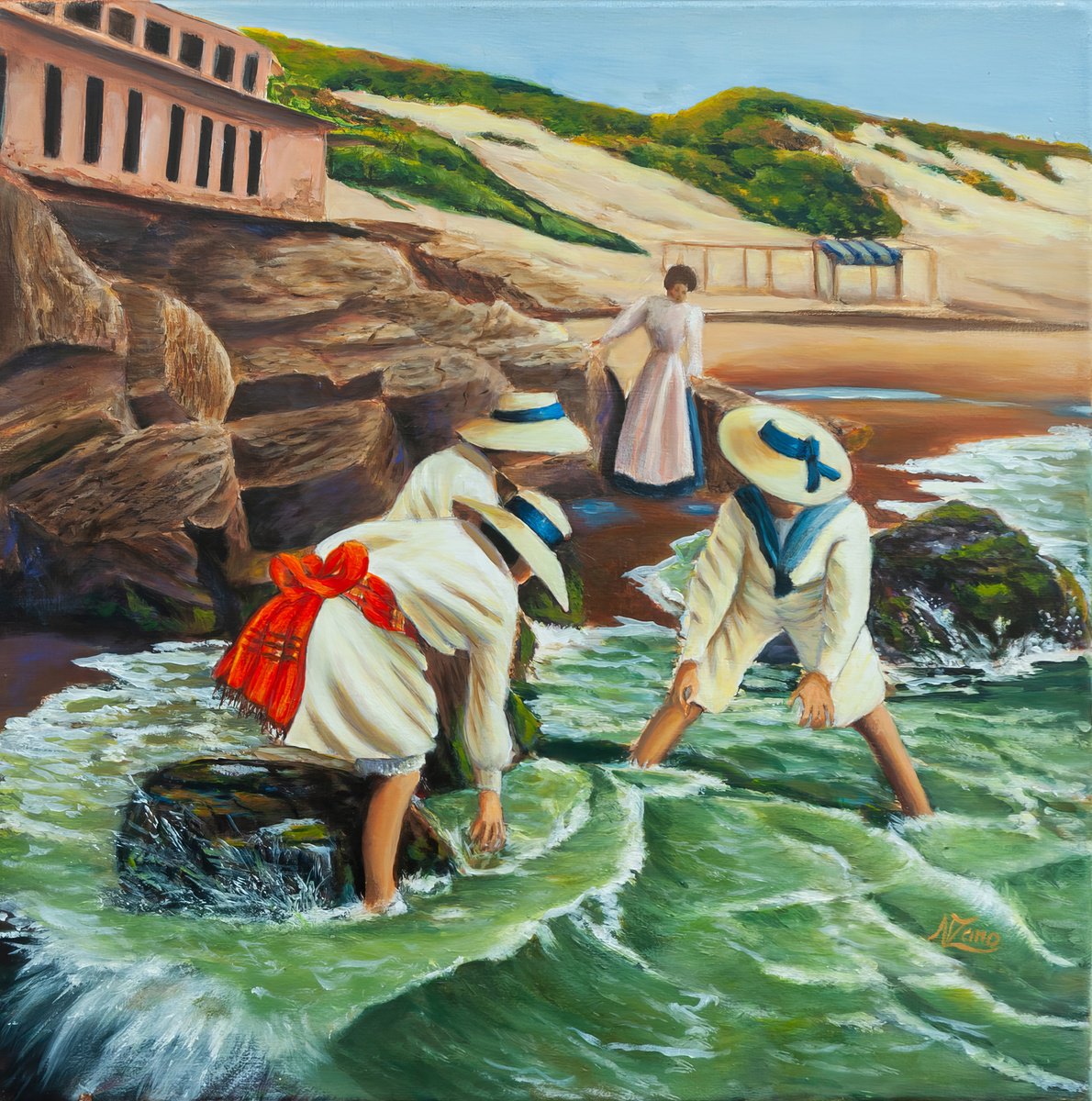 Photorealistic Portrait Acrylic Painting By Norma Beatriz Zaro, 16 X 16", Playing In The Beach, Original Artwork