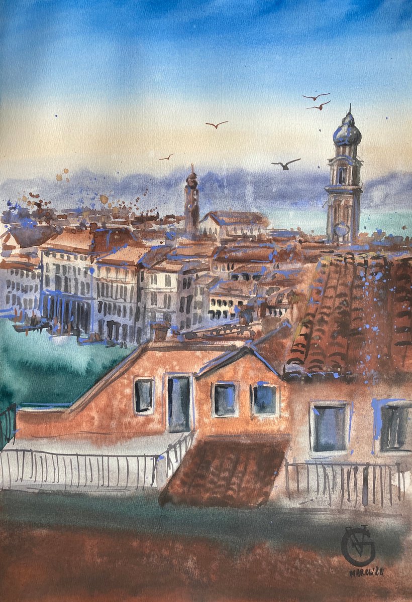 Impressionistic Landscape Watercolour By Valeria Golovenkina, 15 X 22", Pre-Sunset.the Roofs Of Venice, Original Artwork
