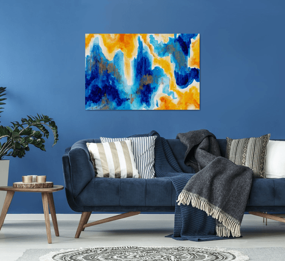 "Ice and Fire" landscape, original acrylic painting, abstract art, office home decor, gold, blue, yellow