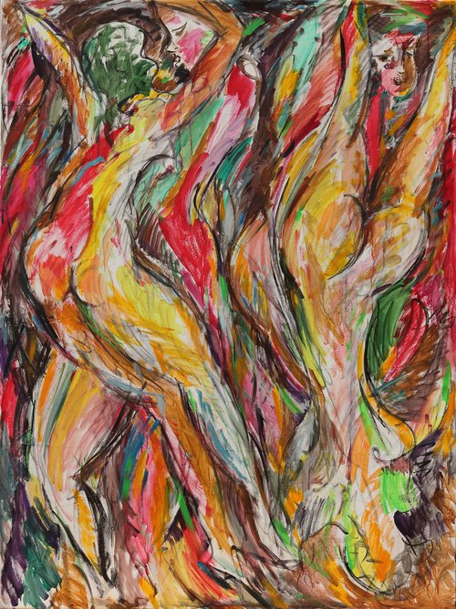 BATHERS - erotic nude art, large expressive red fire coloured, love orgy sex abstract painting by Karakhan