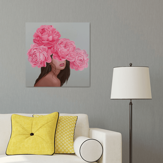 Girl and peony blossom