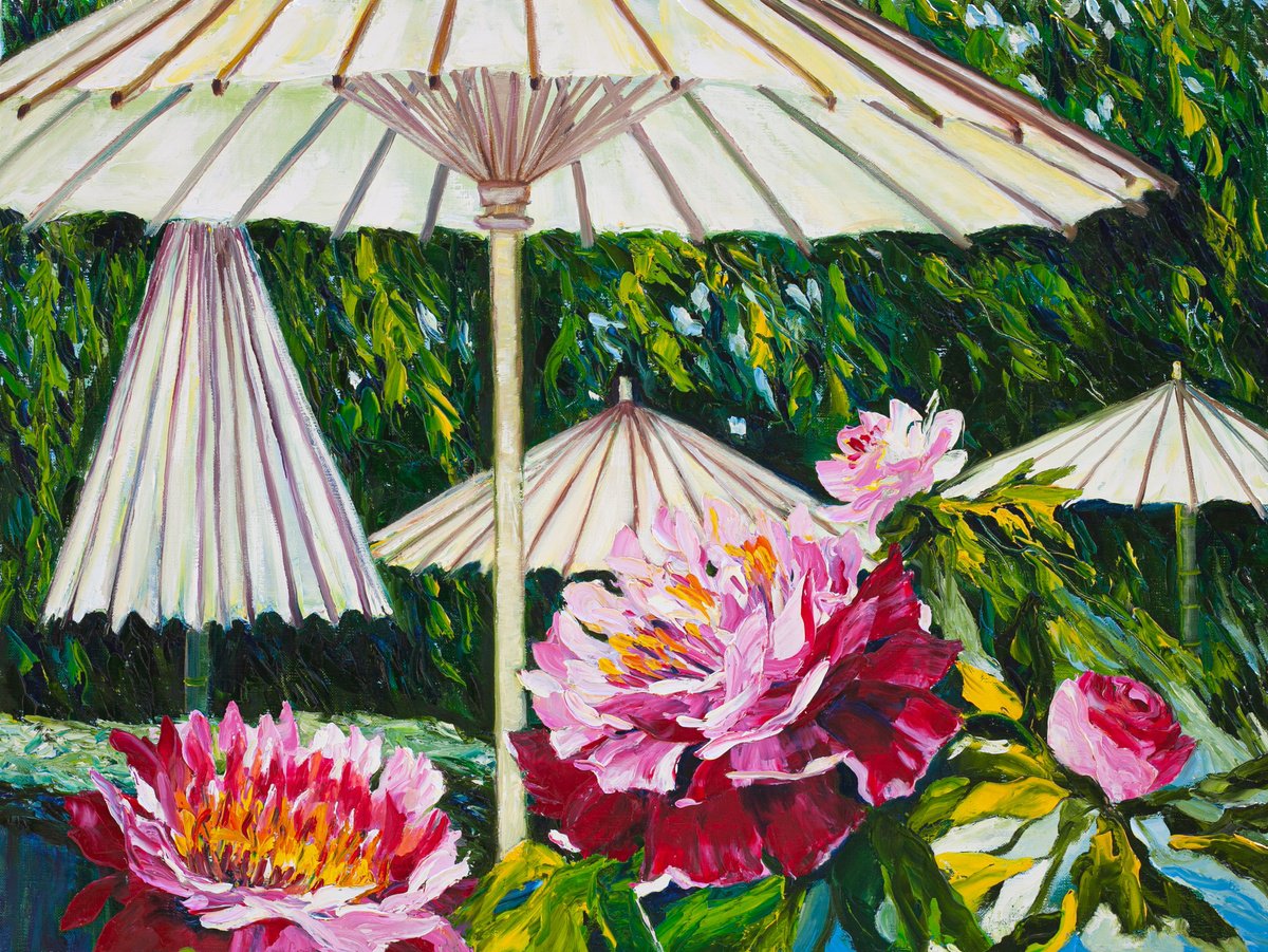 Impressionistic Botanical Oil Painting By Liudmila Pisliakova, 24 X 18", Umbrellas For Peonies, Original Artwork