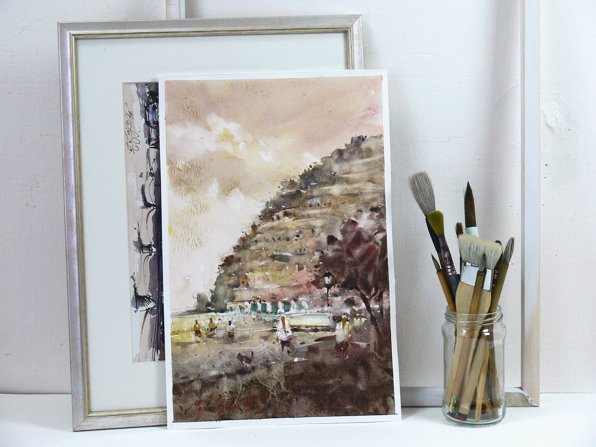 Impressionistic Landscape Watercolour By Marin Victor, 9 X 15", Positano, Watercolor Painting., Original Artwork