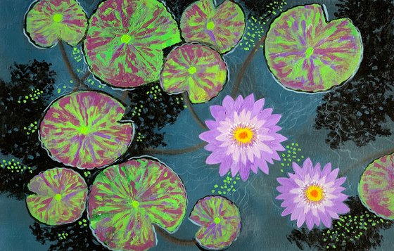 Purple water lilies pond  ! A4 Painting on paper