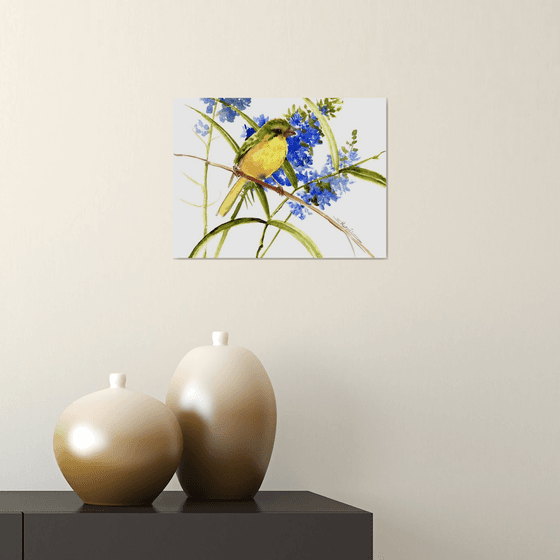 Canary Bird and Blue Flowers