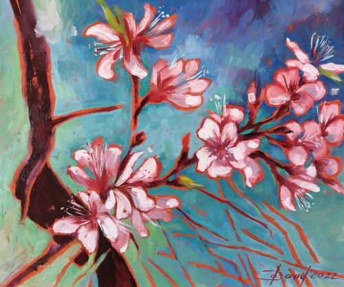 Almond blossom original small artwork on wood by Olga David