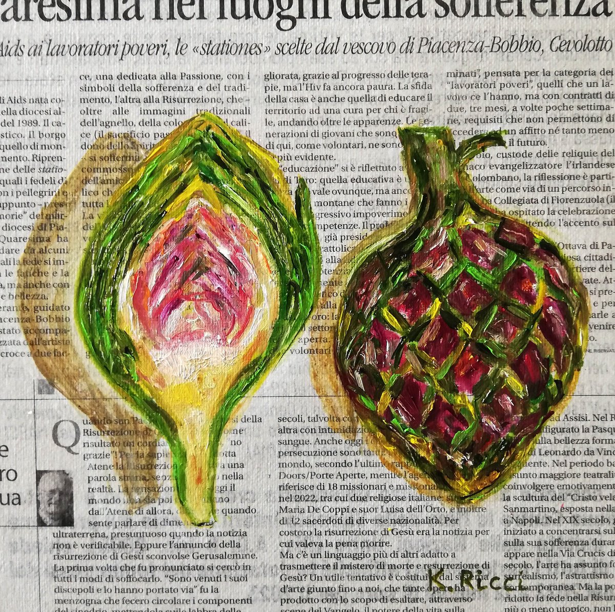 Artichokes on Newspaper Original Oil on Canvas Board Painting 8 by 8 inches (20x20 cm) by Katia Ricci