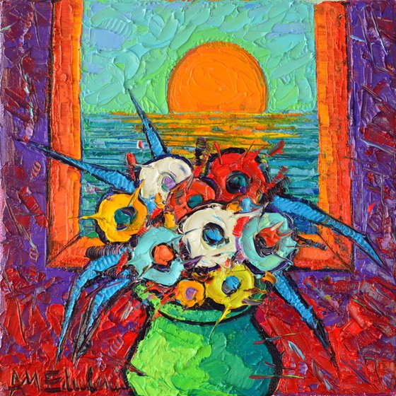 COLOURFUL POPPIES WITH SEA SUNRISE VIEW - abstract modern impressionist floral miniature original palette knife oil painting