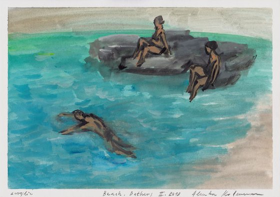 Beach, Bathers II. 2018, acrylic on paper, 20.7 x 29.5 cm