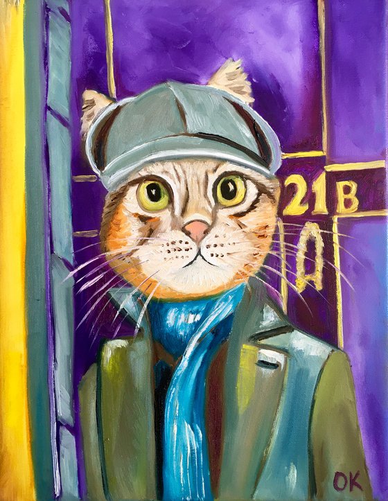 Troy The  Cat- Sherlock Holmes  Baker  Street 221 B   oil painting for cat lovers.