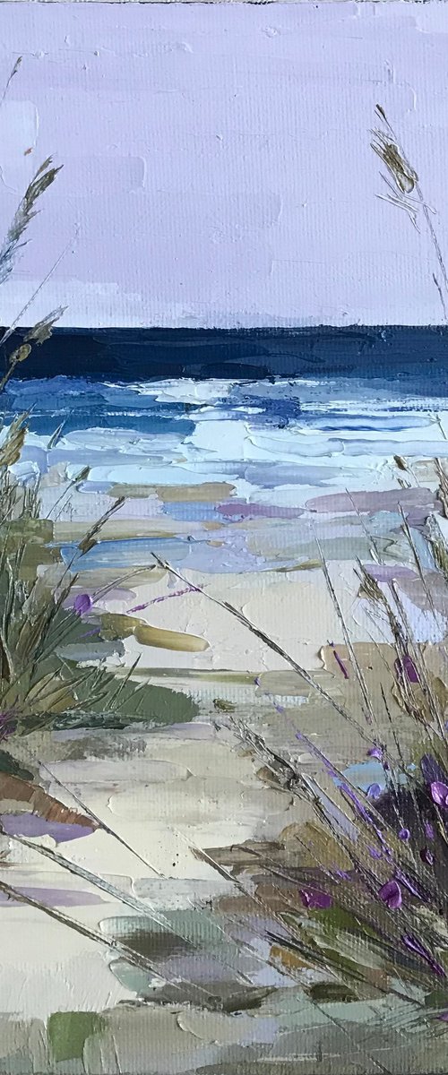 Purple beach oil painting 18x18cm by Leysan Khasanova