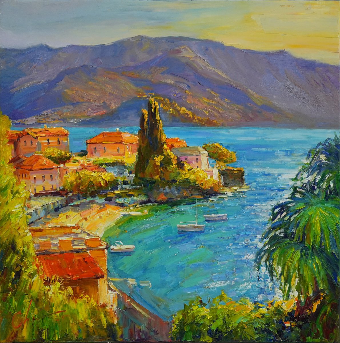 Impressionistic Cityscapes Oil Painting By Serhii Cherniakovskyi, 31 X 31", Varenna. Lake Como. Italy, Original Artwork