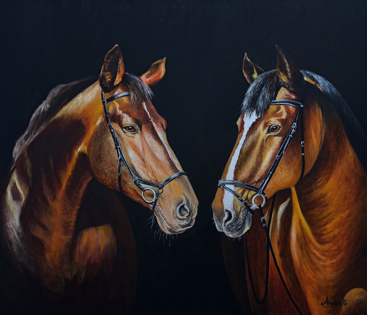 Photorealistic Animal Oil Painting By Anna Rita Angiolelli, 28 X 24, Thoroughbred Horses, Original Artwork