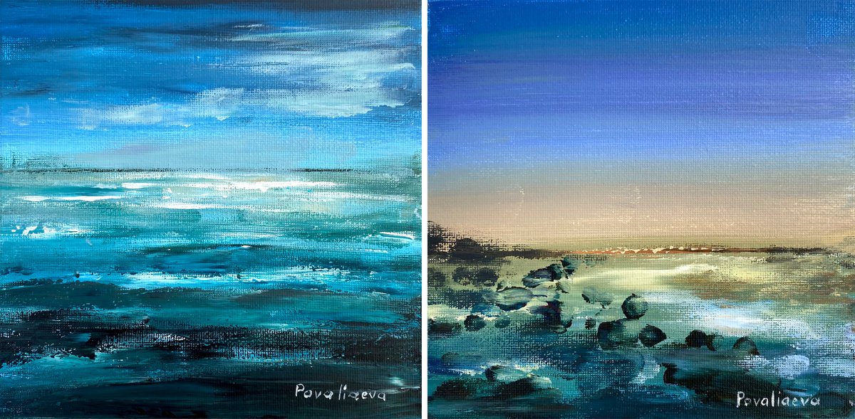 Set of two acrilyc miniatures , diptych with abstract seascapes , small paintings , blue a... by Irina Povaliaeva