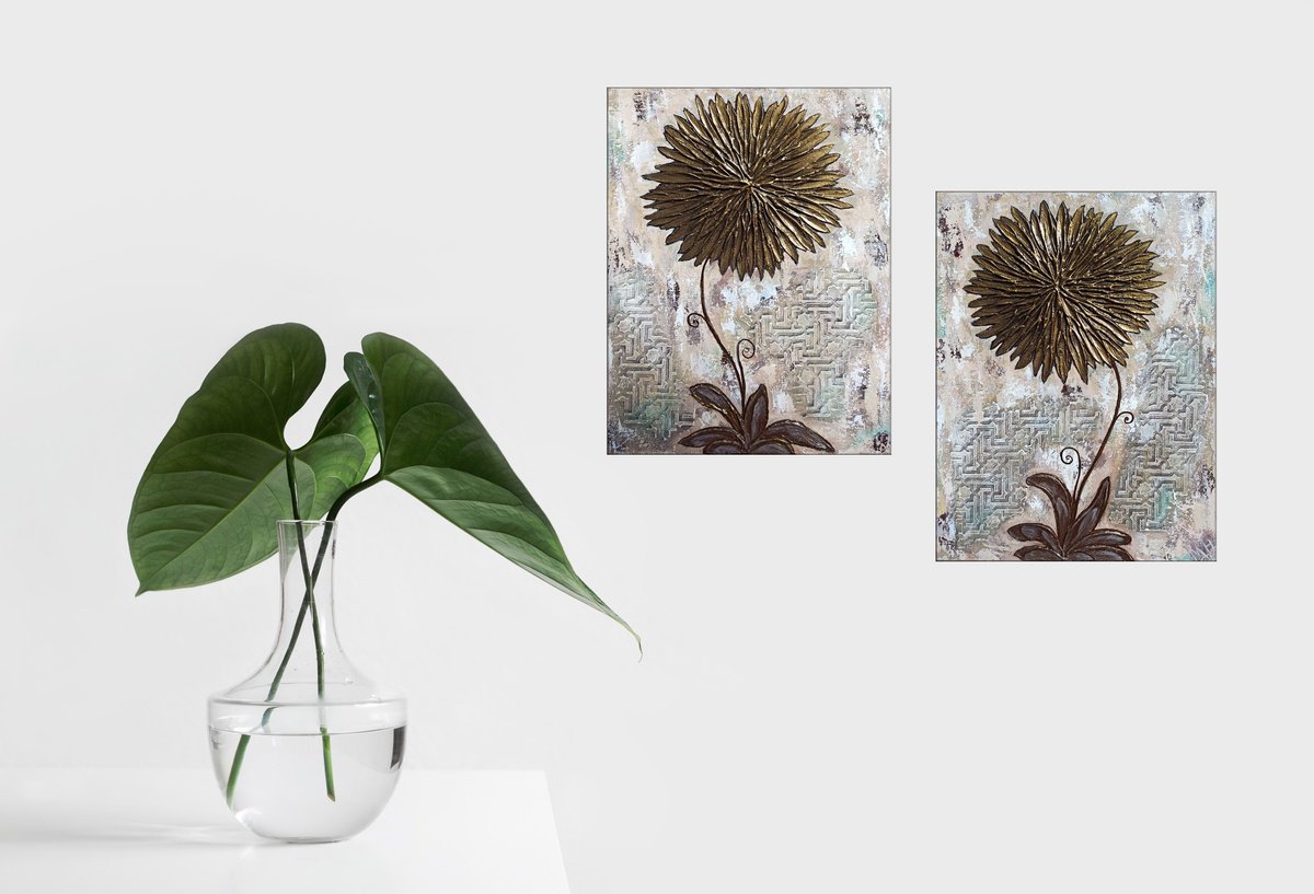 Abstract Botanical Acrylic Painting By Hasmik Mamikonyan, 24 X 16, Gold Asters, Original Artwork