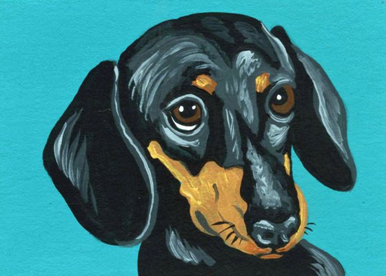 ACEO ATC Original Miniature Painting Black Tan Dachshund Pet Dog Art-Carla Smale