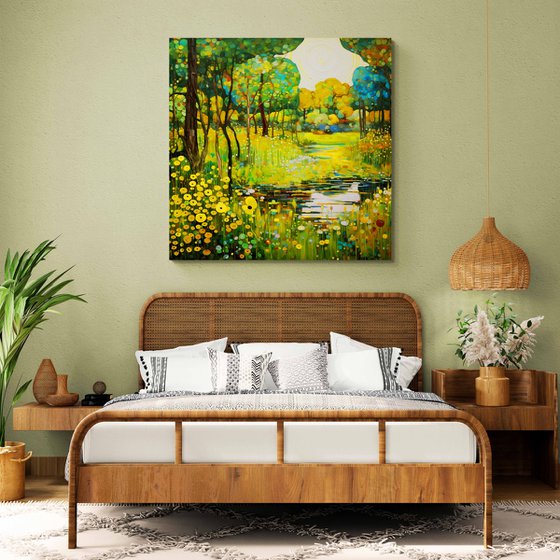 Warm green forest, yellow white flowers and pond with light reflections and bright sunbeams in Klimt style. Hanging large positive relax colorful wall art for home decor