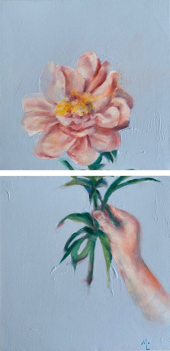 Hand with a peony in pastel and calm colors on background