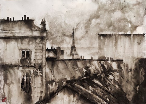 France – Paris Roofs Ink Landscape