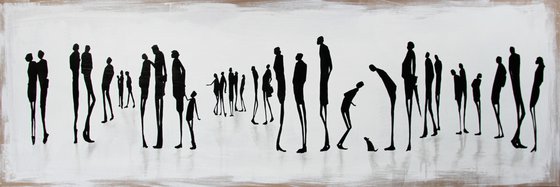 33 PEOPLE AND ONE BULLTERRIER - ACRYLIC PAINTING ON CANVAS * 150 CMS * PEOPLE * STREET LIFE * DOG