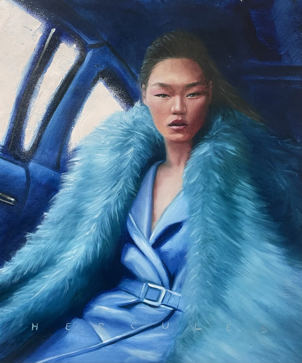 Cool kid, oil painting of pretty asian in blue fur coat and car by Renske Karlien Hercules