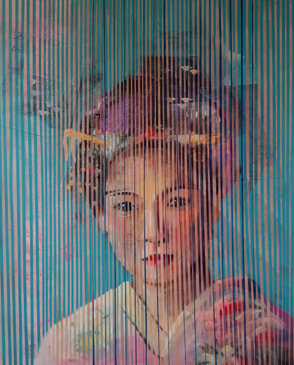 Expressive Portrait Acrylic Painting By Marina Del Pozo, 32 X 39", White Gheisa, Original Artwork