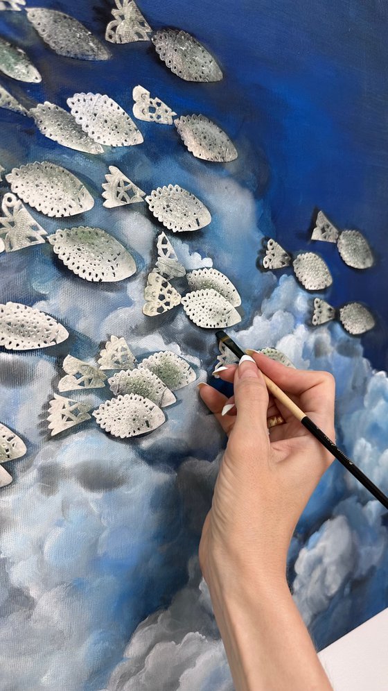 Surreal Ocean Painting with Vintage Lace Fish