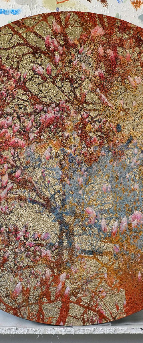 Awakening golden pink magnolia by Karin Vermeer