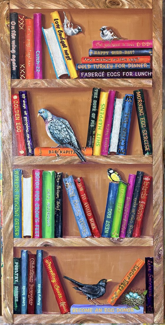 Bookshelf with birds