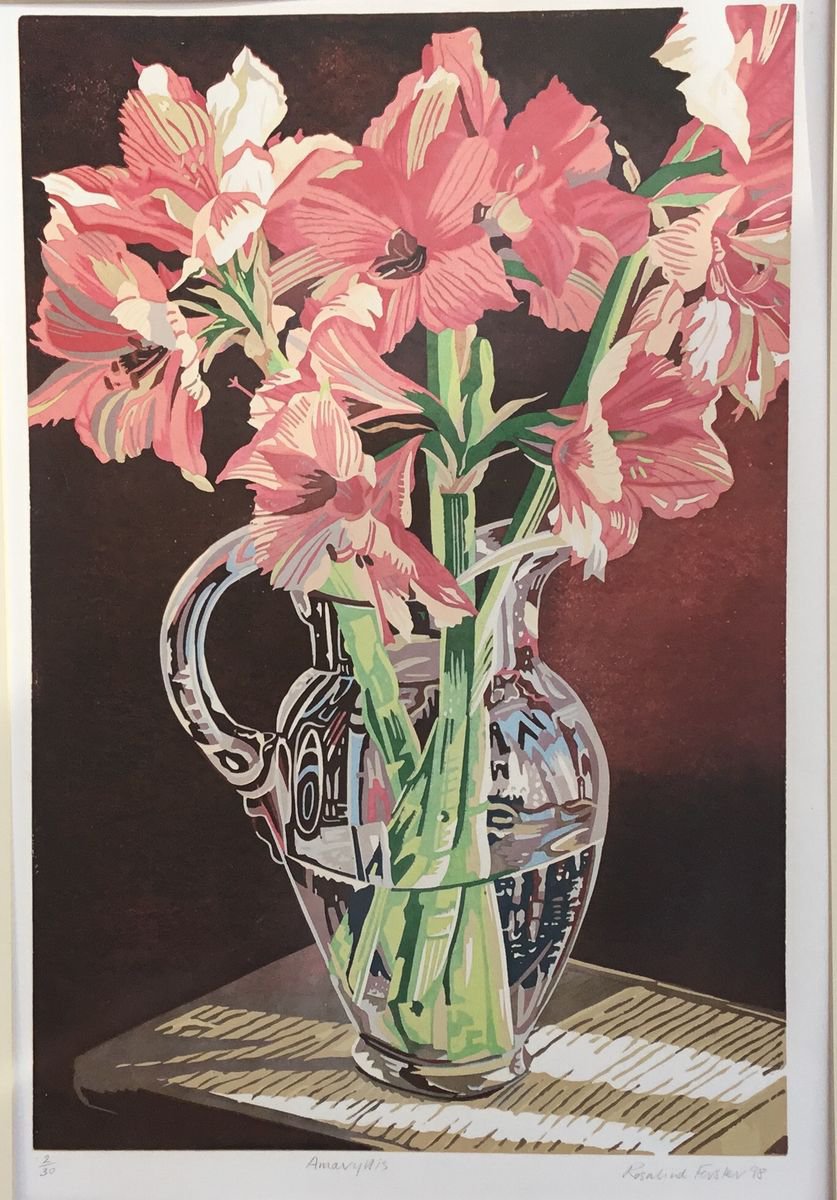 Botanical Linocut By Rosalind Forster, 19 X 25", Amaryllisses, Original Artwork