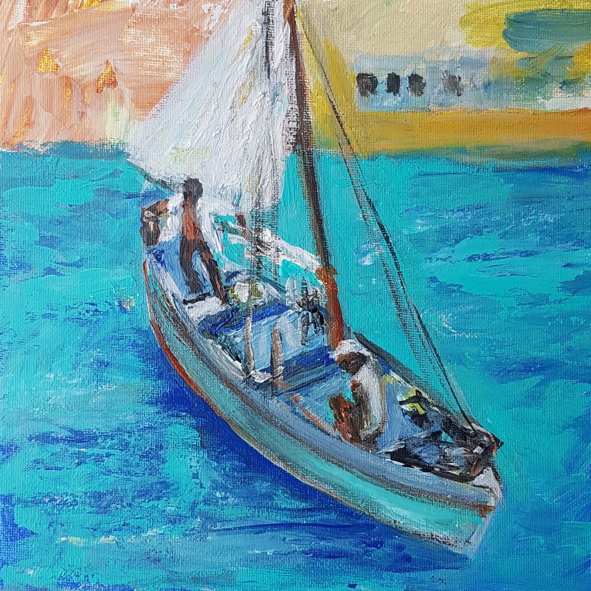 Expressive Landscape Acrylic Painting By Els Driesen, 10 X 10, Sailing, Original Artwork