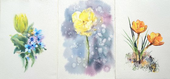 Triptych yellow flowers