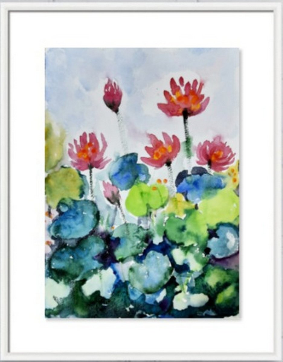 Crimson water lilies 2- Waterlilies- Lotus in watercolours on paper by Asha Shenoy