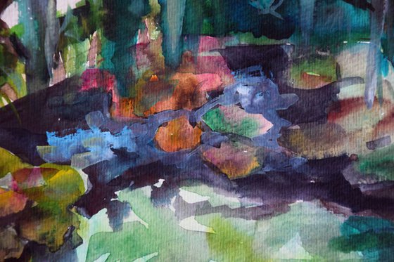 Floral watercolor painting Botanical garden with pond, Green plants