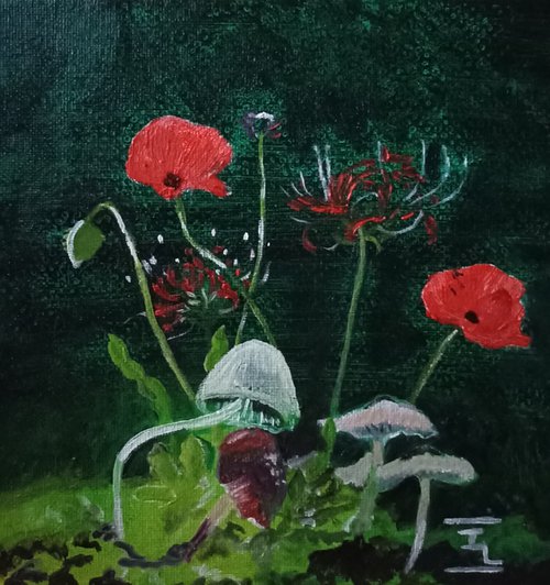 Poppies and mushrooms by Isabelle Lucas