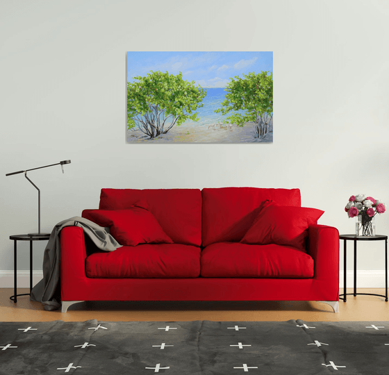 ENDLESS SUMMER. Tropical Island Seascape Painting of Florida Beach and Sea Birds.