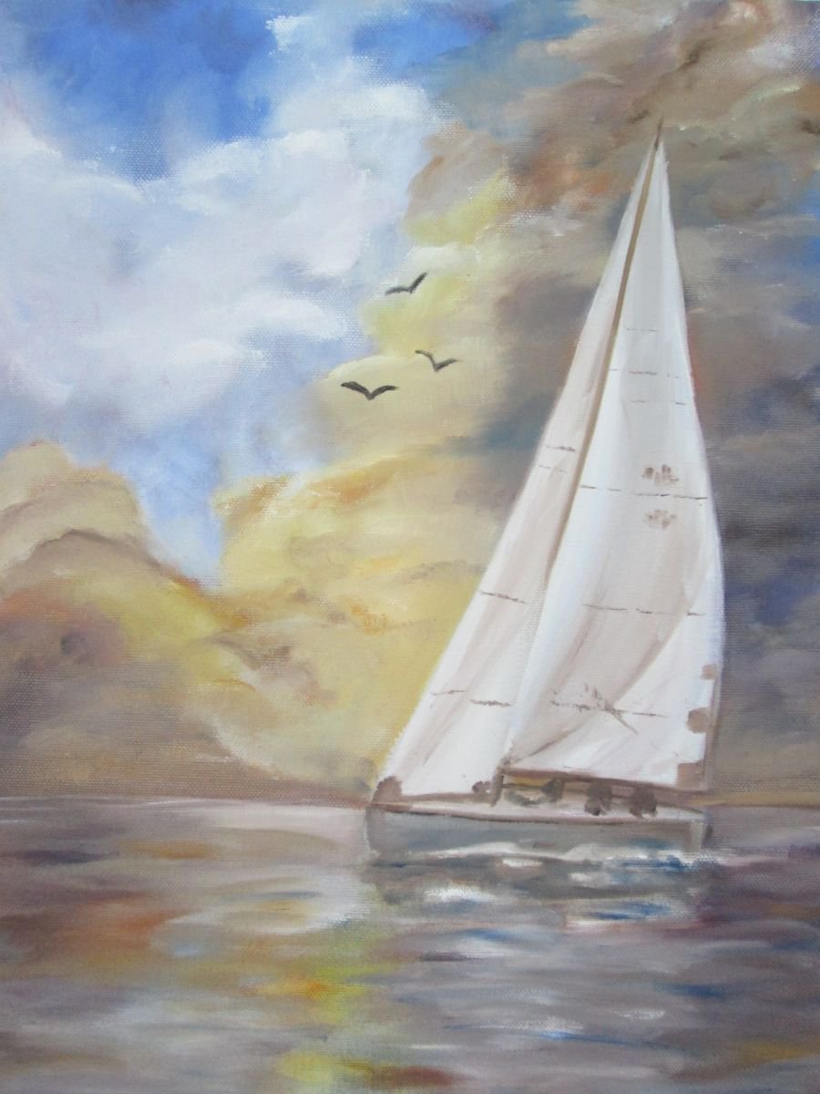 BIG SAIL, Oil on Canvas, Watersport, Coastal, Sea by MARJANSART