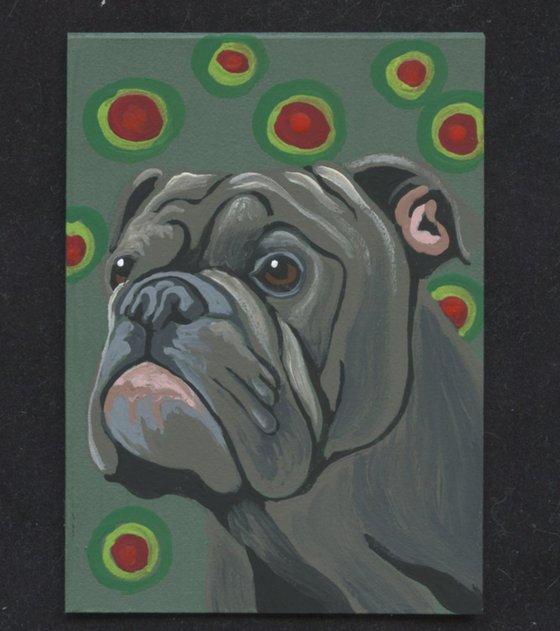 ACEO ATC Original Painting Christmas Olde English Bulldogge Pet Dog Art-Carla Smale