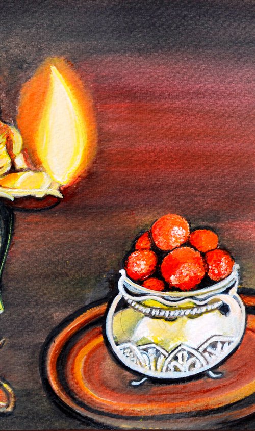 Diwali Festival art Gulab Jamun sweet and oil lamp by Manjiri Kanvinde