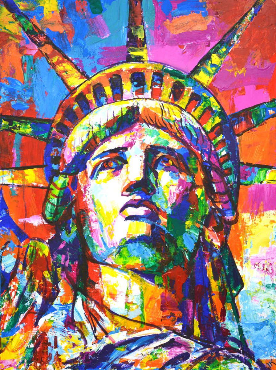 Expressive Portrait Acrylic Painting By Iryna Kastsova, 24 X 31, Statue Of Liberty 2, Original Artwork