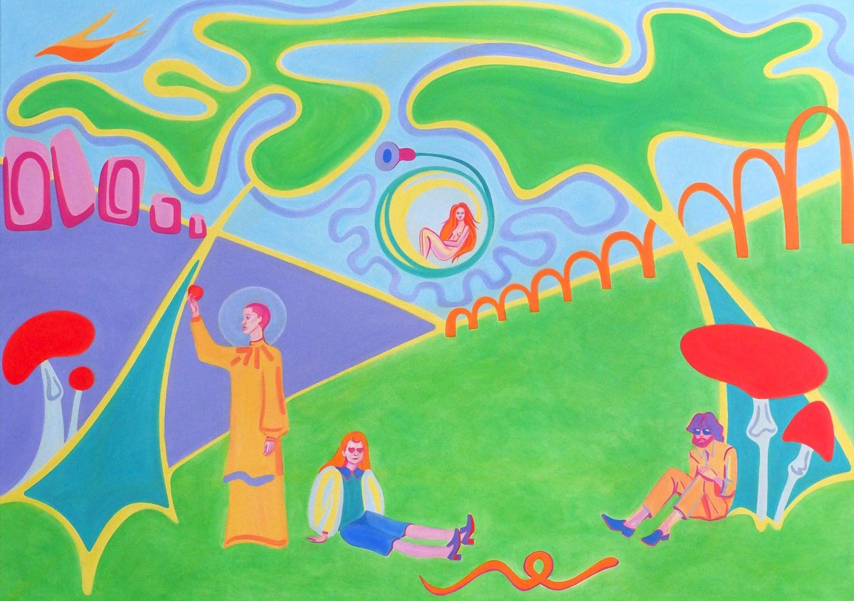 Surrealistic Portrait Oil Painting By Van Lanigh, 55 X 39", Touch Some Grass, Original Artwork