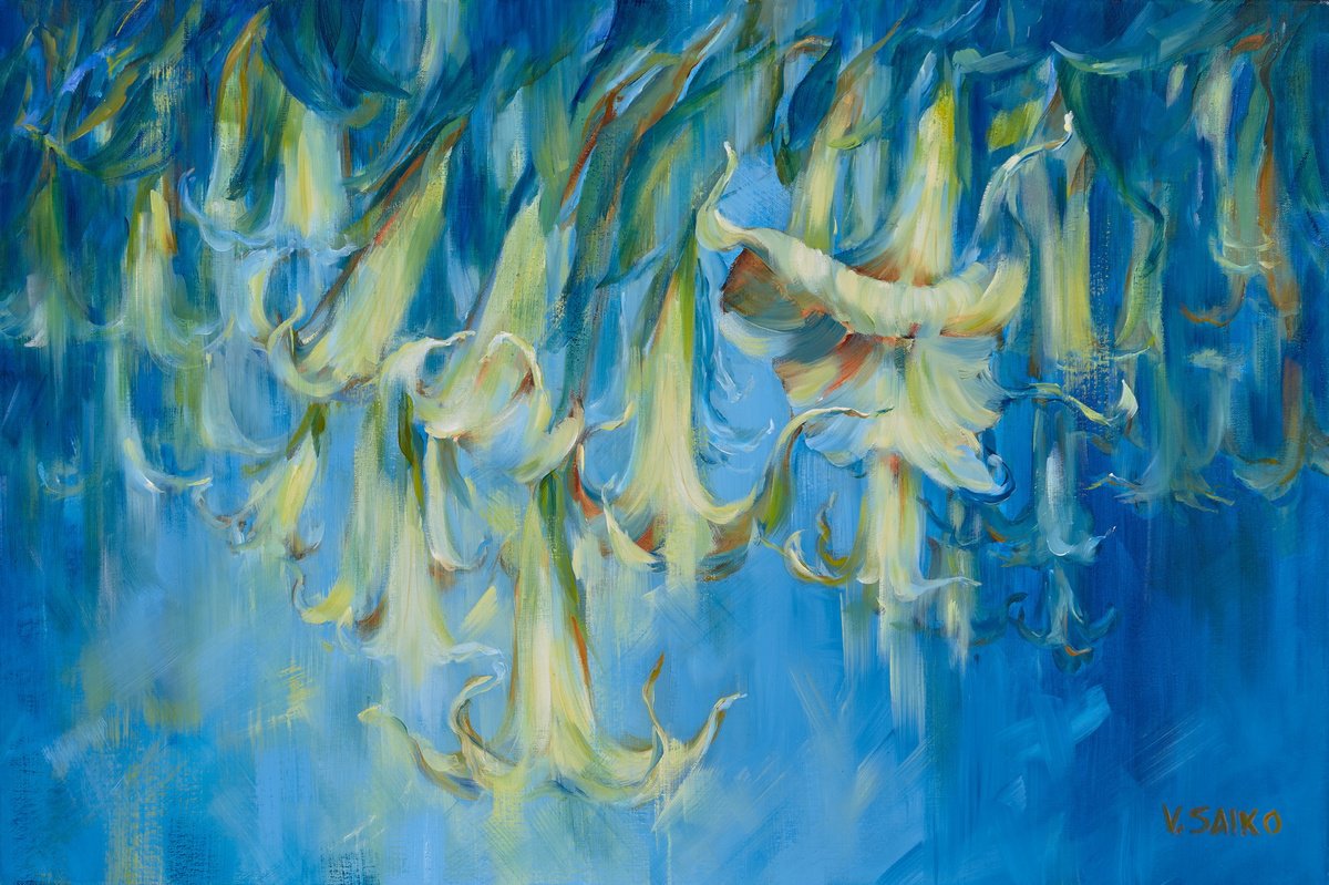 Angel’s Trumpets. Middle  of Summer, 24x36 by vera saiko