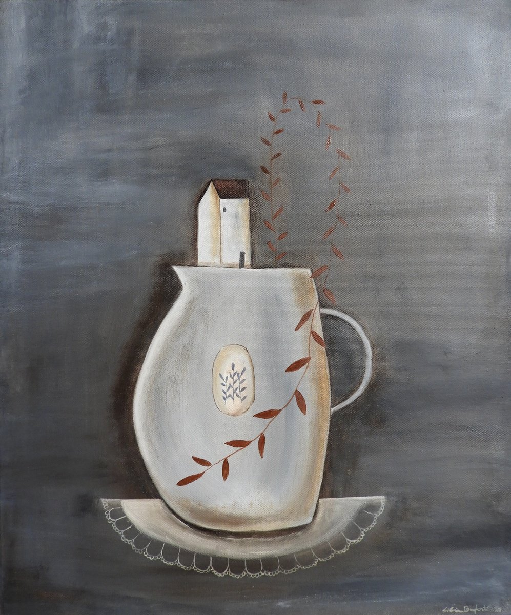 Illustrative Oil Painting , The Plants Vase With House By Silvia Beneforti, 20 X 24, Artwork For Sale On Artfinder