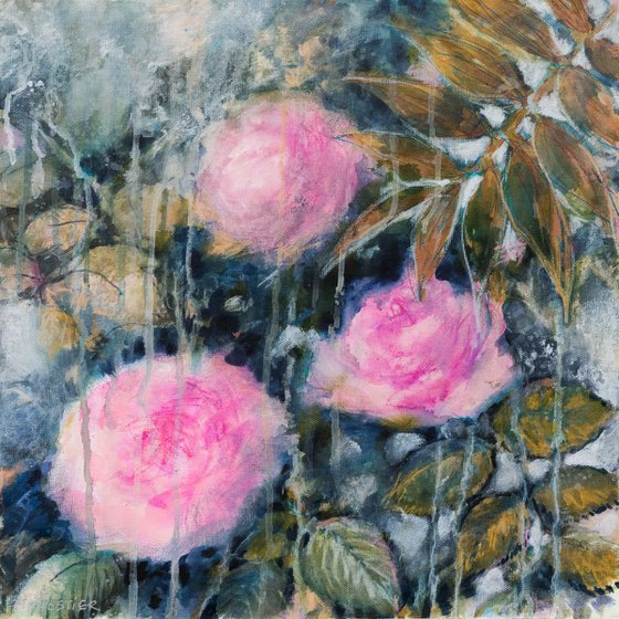 Roses and palm - Floral painting on canvas - small size - 40X40 cm