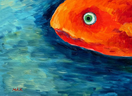 TO THE STORE TO BUY SOME BREAD (The Red Fish) - oil figurative artwork with a girl and a fish sea blue home decor gift idea