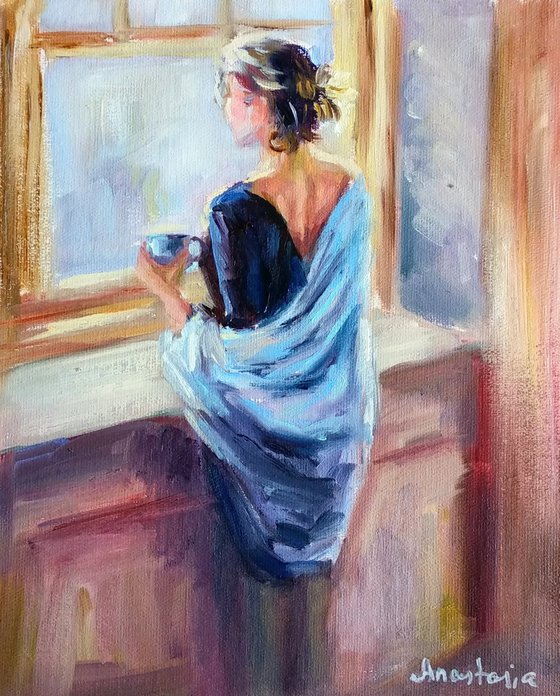 Portrait Women in Love Cup of Tea Open Window Sunny Day Fresh Air Blue Picture