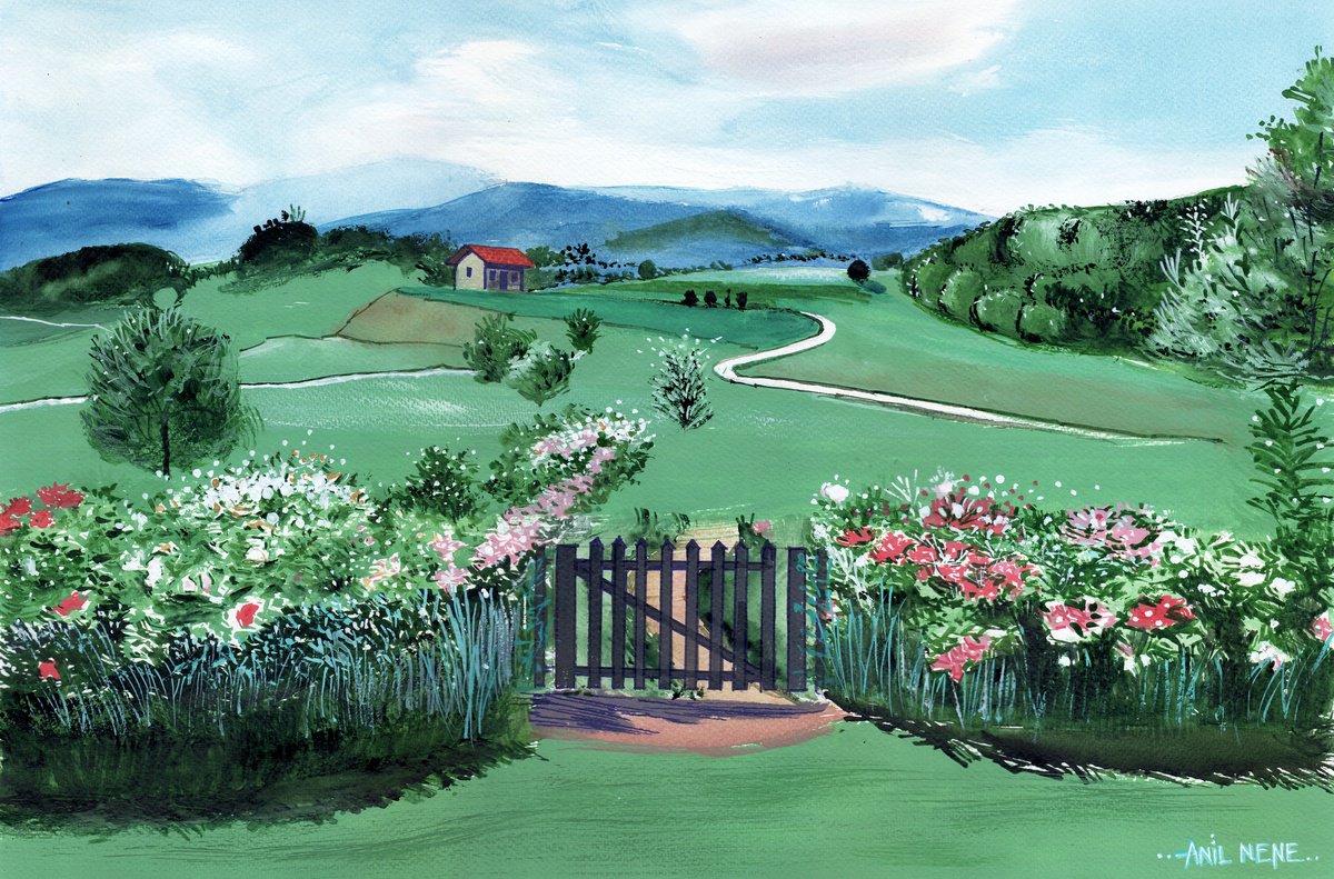 Photorealistic Landscape Watercolour By Anil Nene, 22 X 15, Green Pastures, Original Artwork