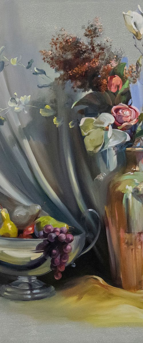 Still Life with Vases, Flowers on Gray by Shushanik Danilyants